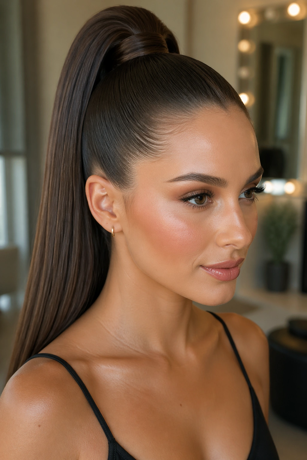 Close-up of a real woman wearing Sleek Wrap-Around High Ponytail Extension with a smooth lifted crown