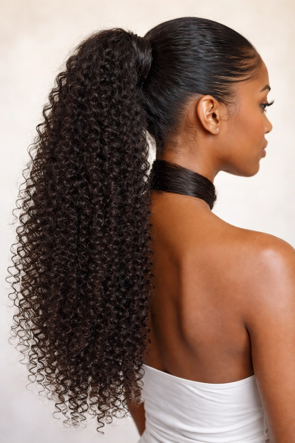 Wrap-around strand concealing ponytail connection on long kinky curly extension