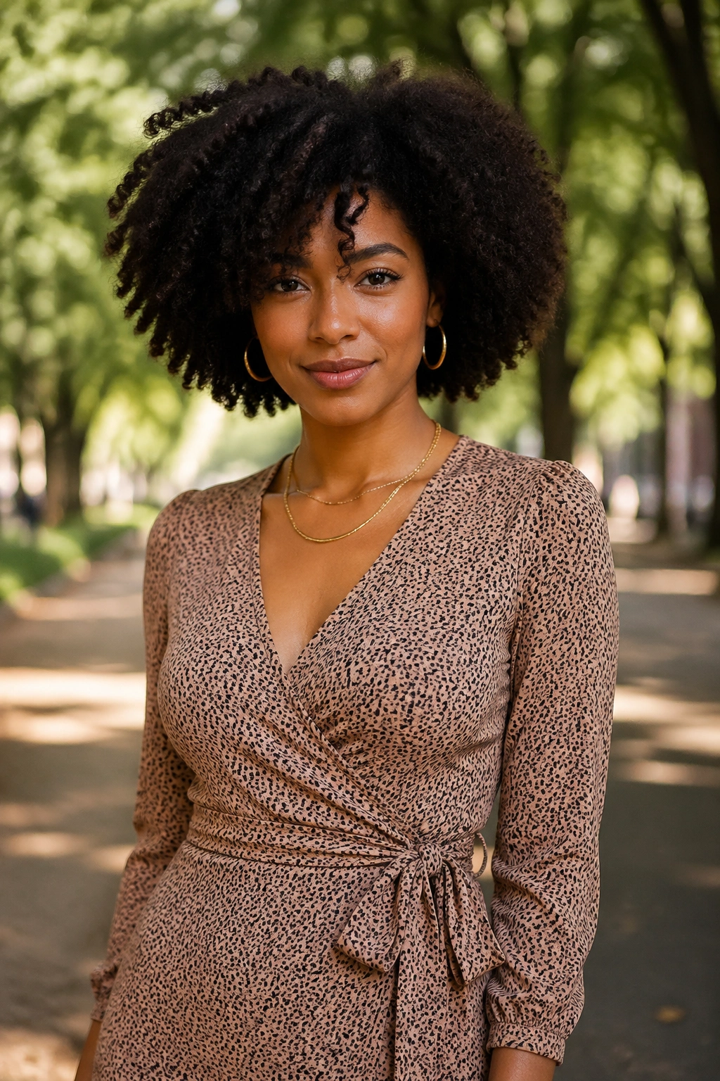 Portrait of a woman in a wrap dress with small print outdoors