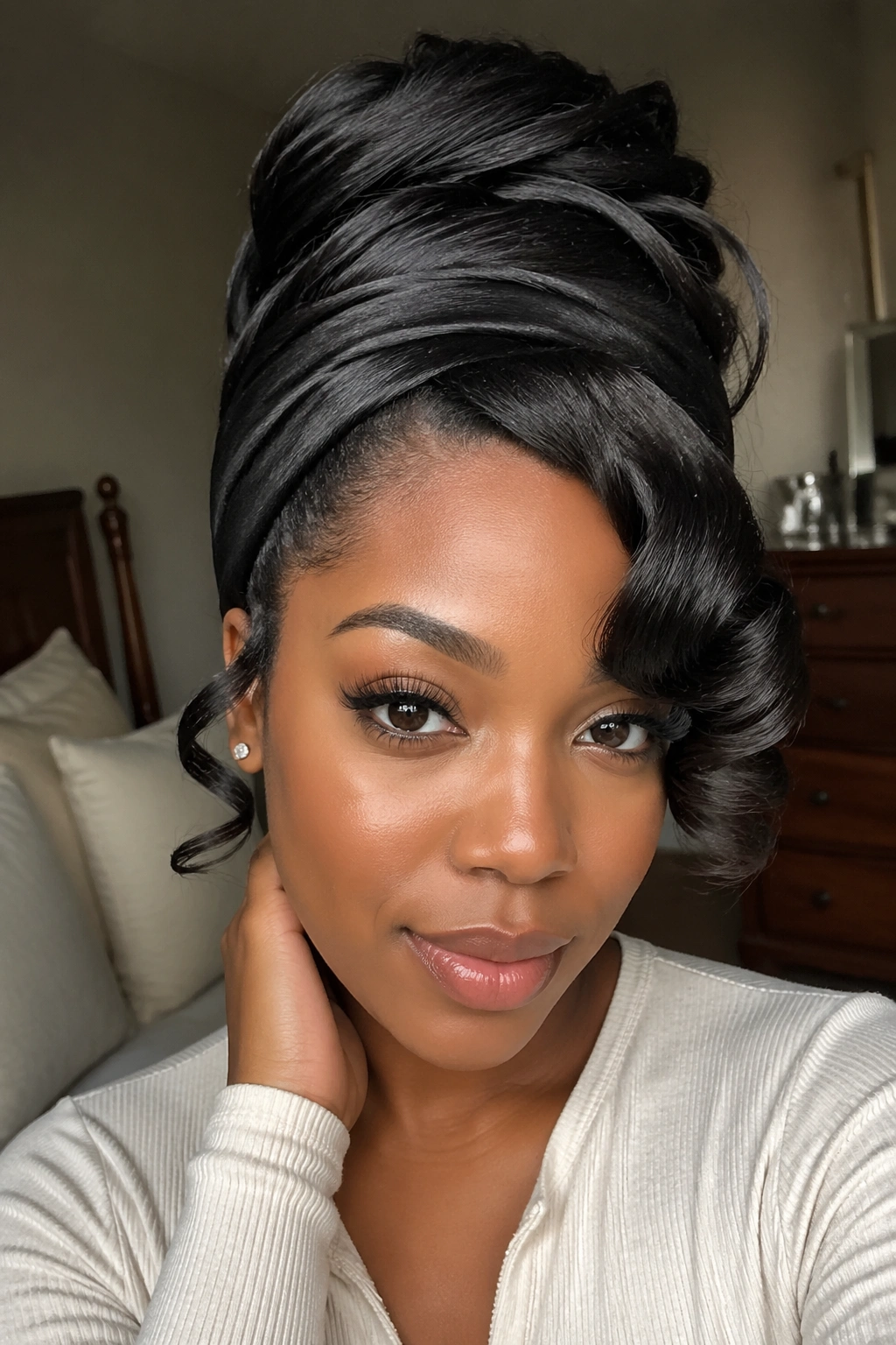 Real woman with silk-pressed wrap and subtle body curls