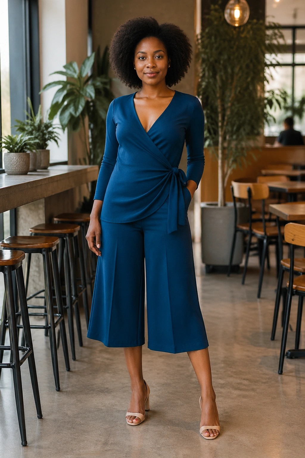 Woman in wrap top and culottes in a bright cafe setting