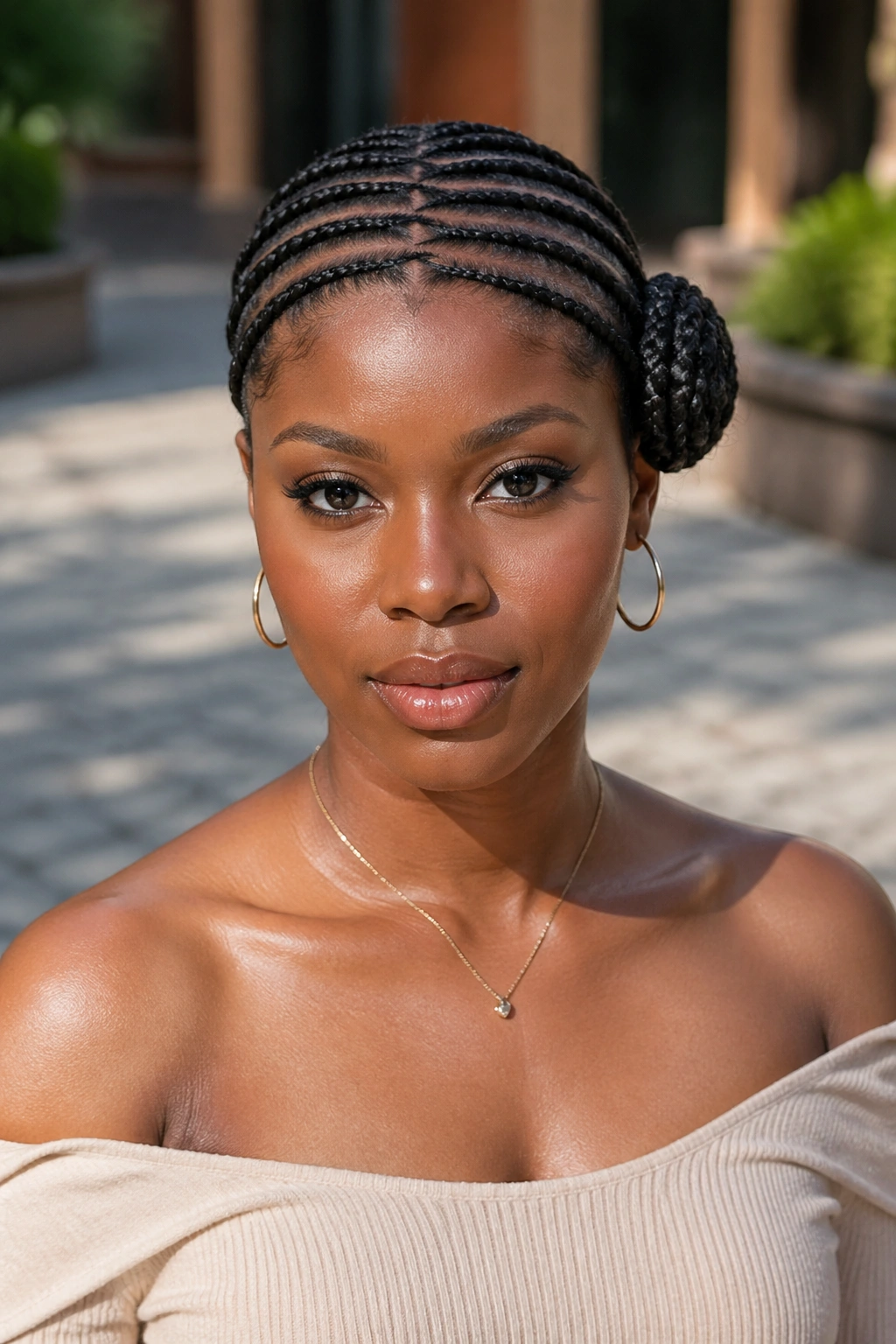 Wraparound cornrows arching around head to side knot