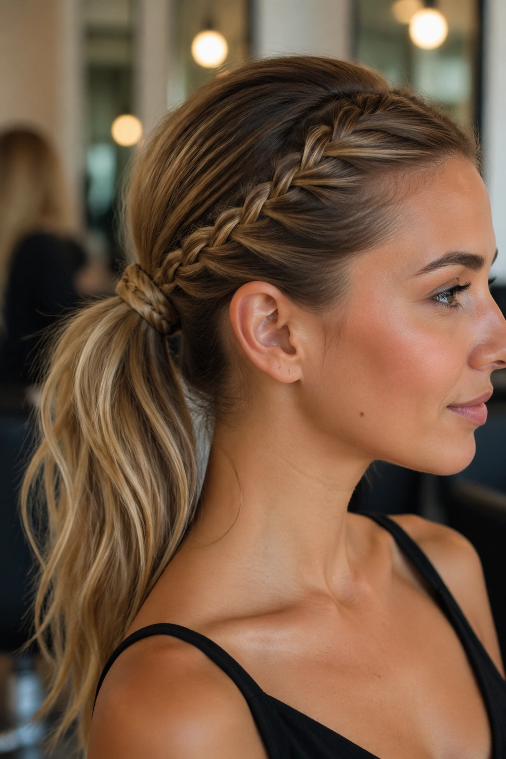 Close-up of a real woman with a wraparound braid over the elastic in a ponytail