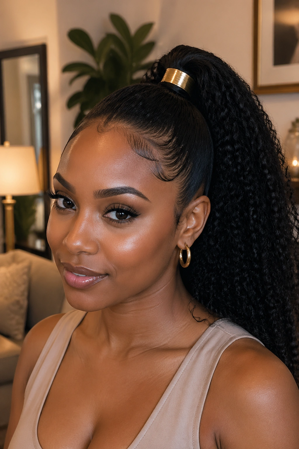 Close-up portrait of a real Black woman with wraparound ponytail and gold cuff at the base.