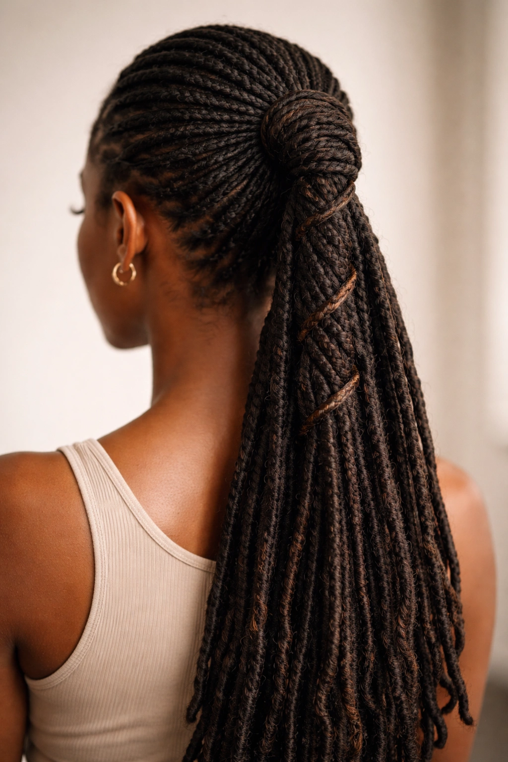 Back view of a base braid with an integrated wrap around the ponytail