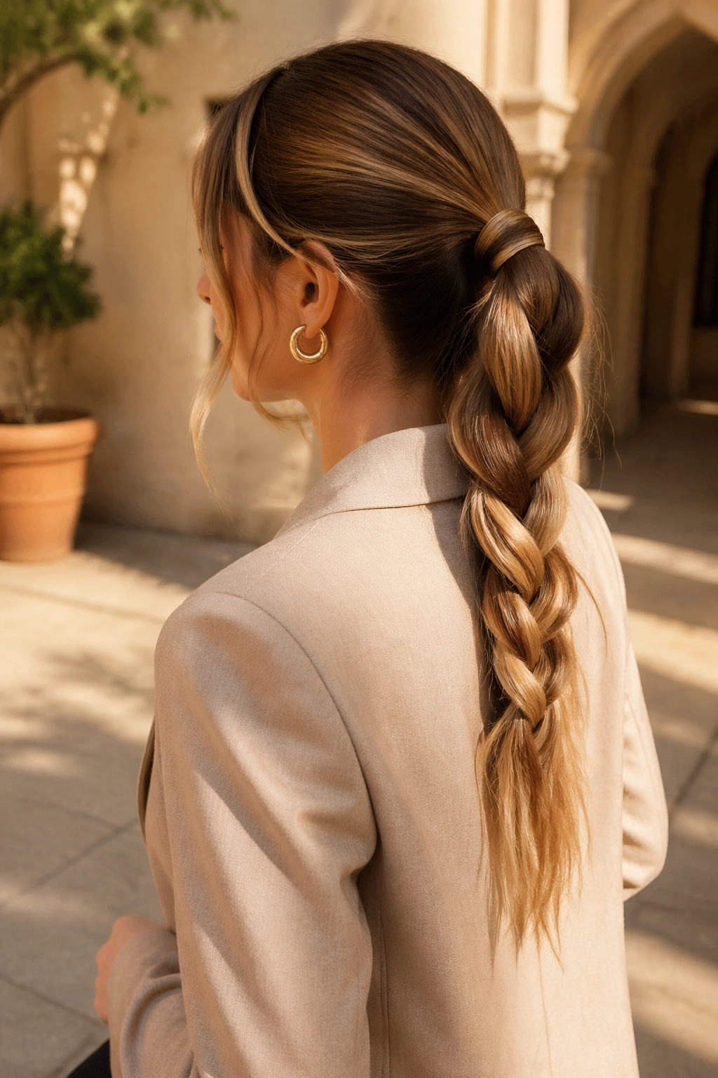 Hero shot of wrapped-base braided ponytail in courtyard