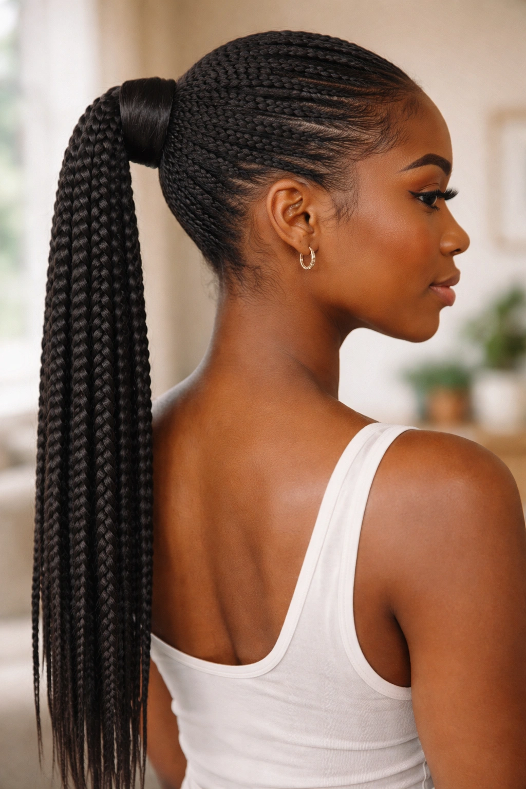 Close-up of a real woman with wrapped-base braided ponytail