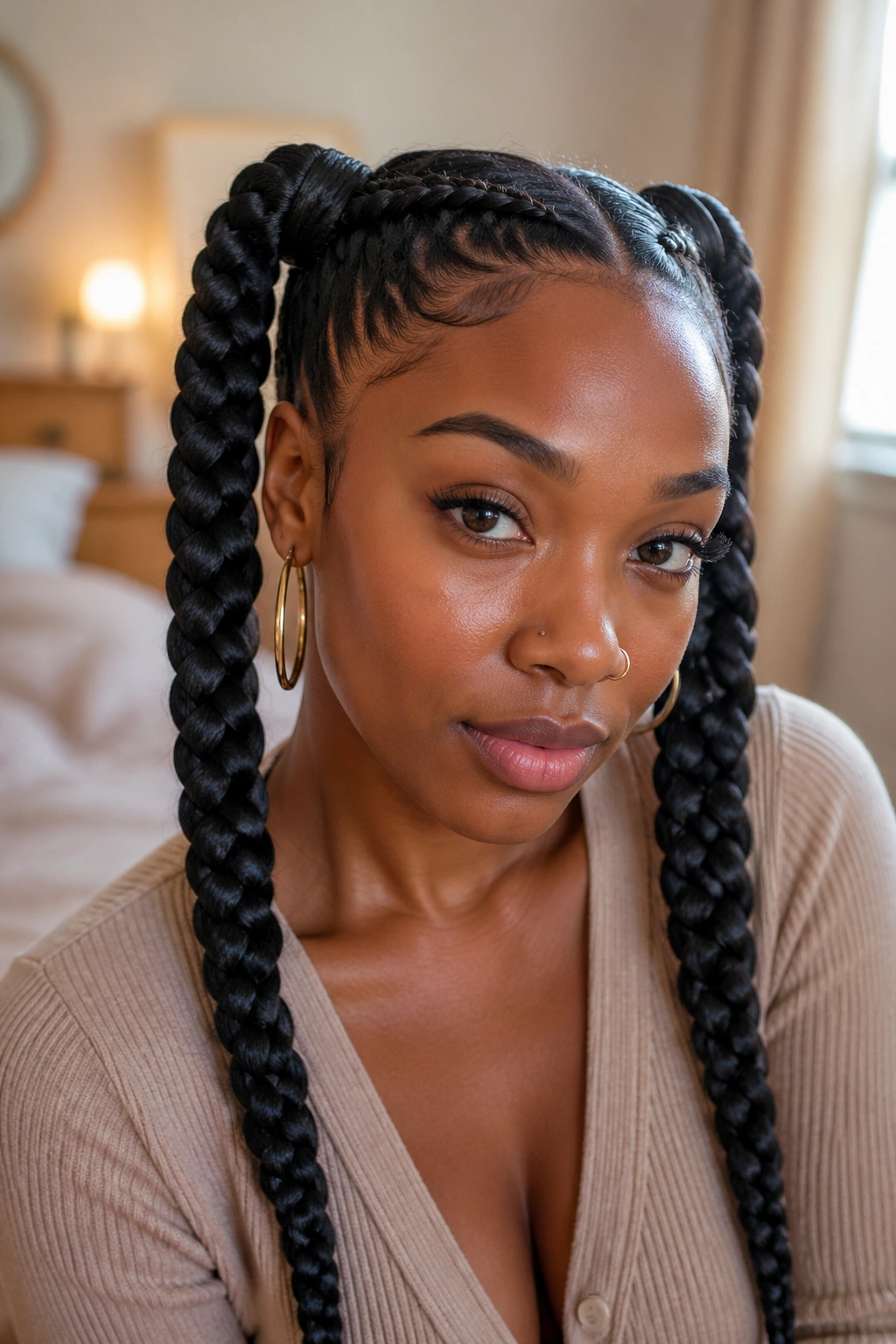 Close-up portrait of a real woman with Wrapped-Base Twin Braids and hidden elastic bases.