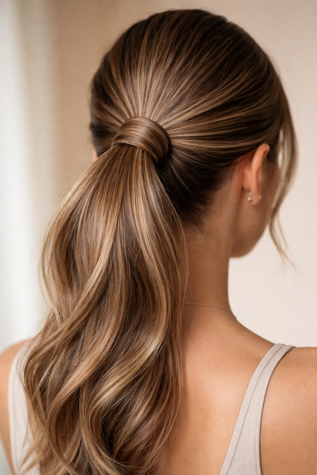 Ponytail with wrapped base concealing elastic at the nape