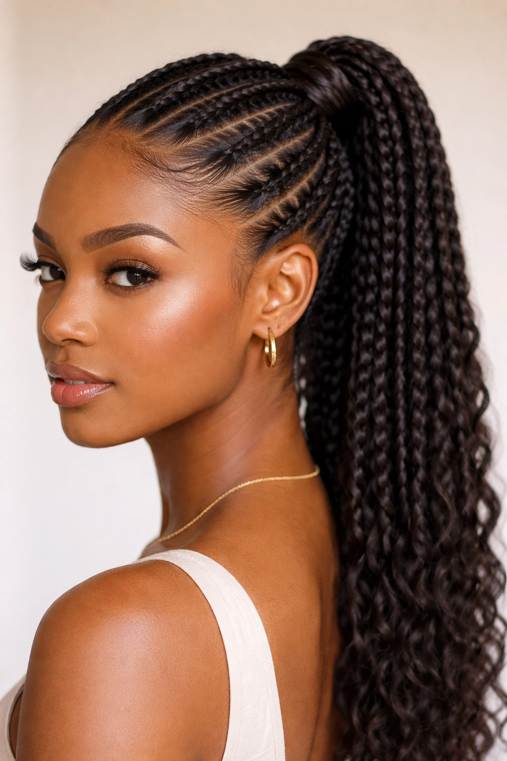 Wrapped base cornrow ponytail close-up showing hair wrapped around ponytail base