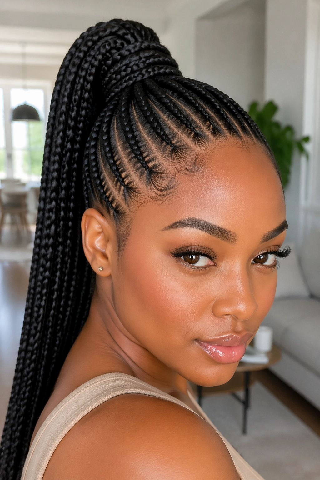 Close-up of a Black woman with a wrapped-base high cornrow ponytail