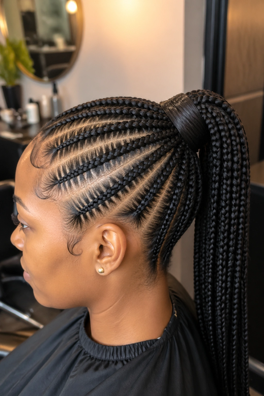 Close-up of wrapped-base feed-in ponytail on a real woman showing a seamless base at the ponytail