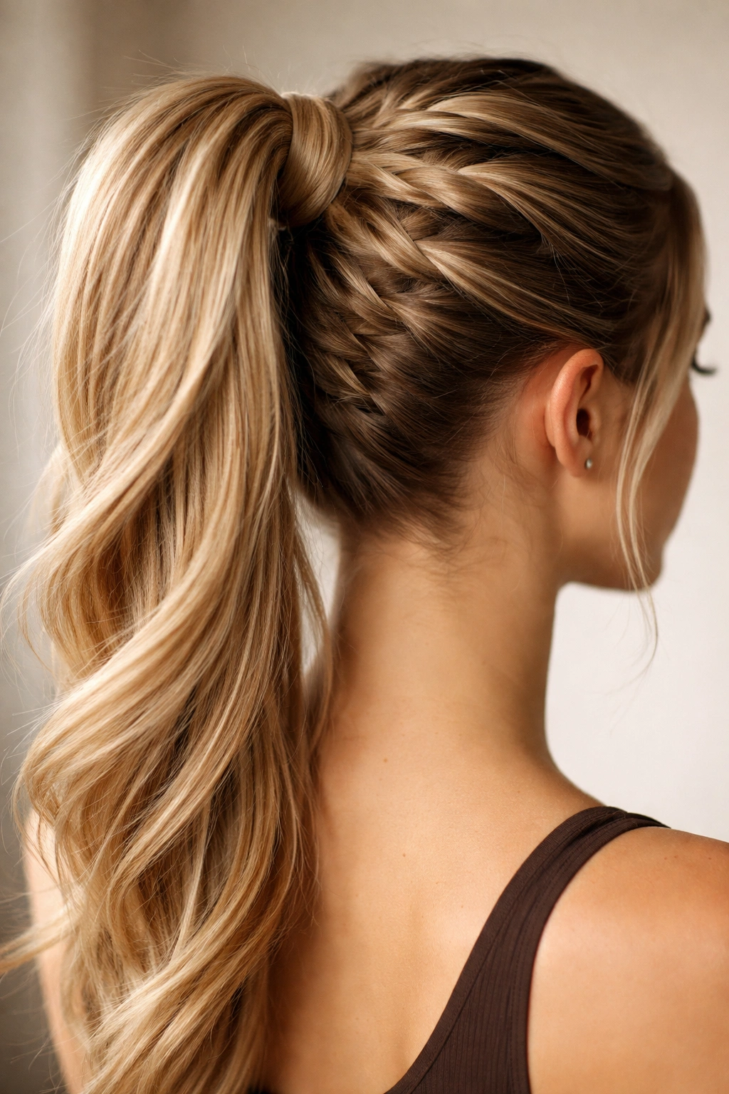 High ponytail with a wrapped base around the elastic using a thin strand.