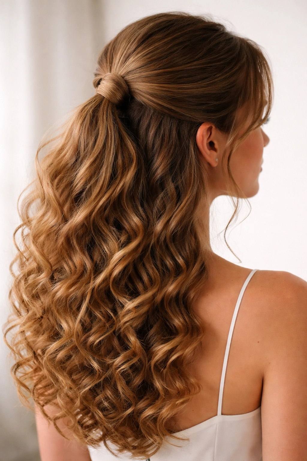 Close-up of a wrapped-base half ponytail with hidden elastic wrap and loose curls