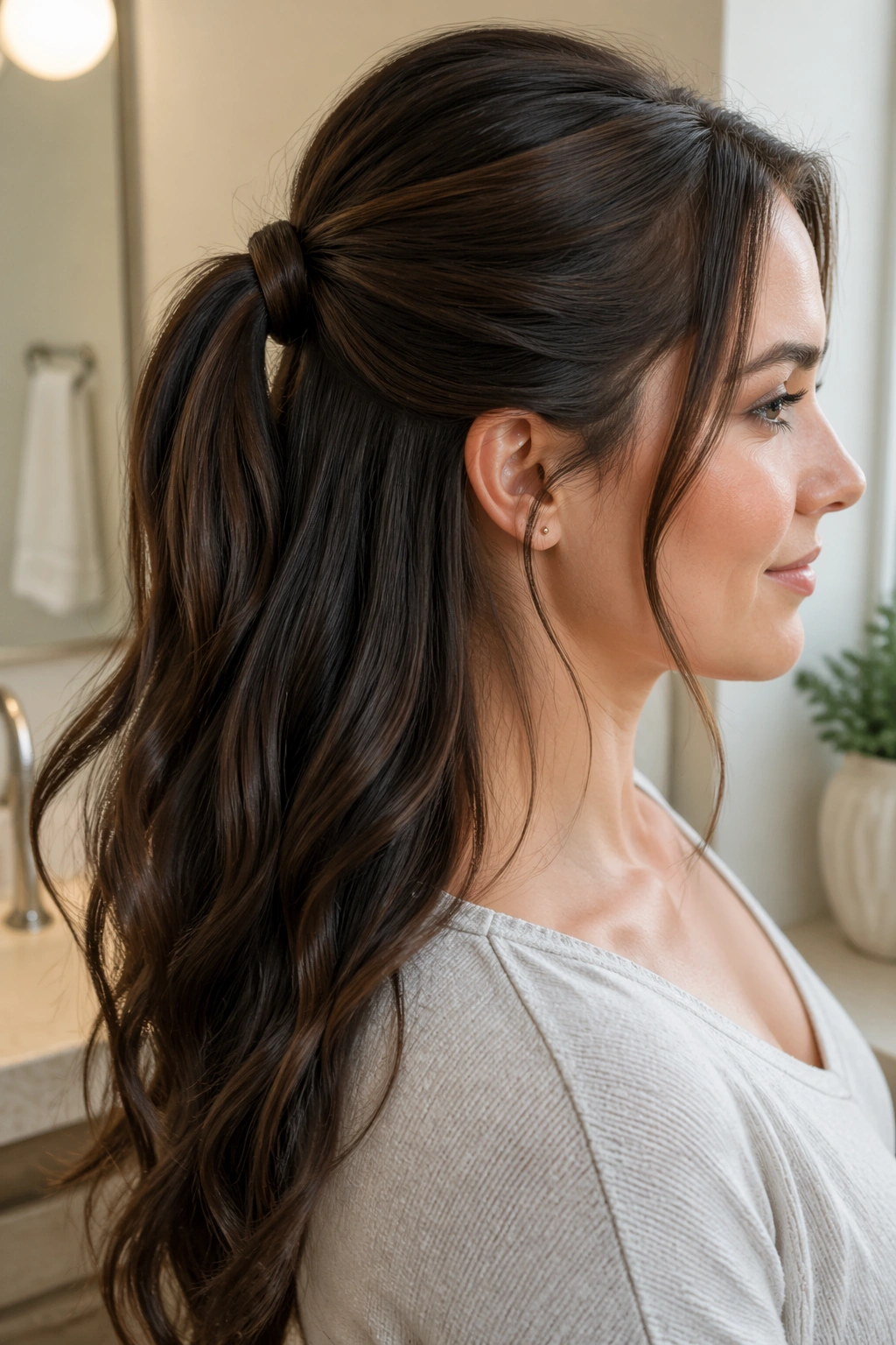 Close-up of a real person with a wrapped-base half ponytail