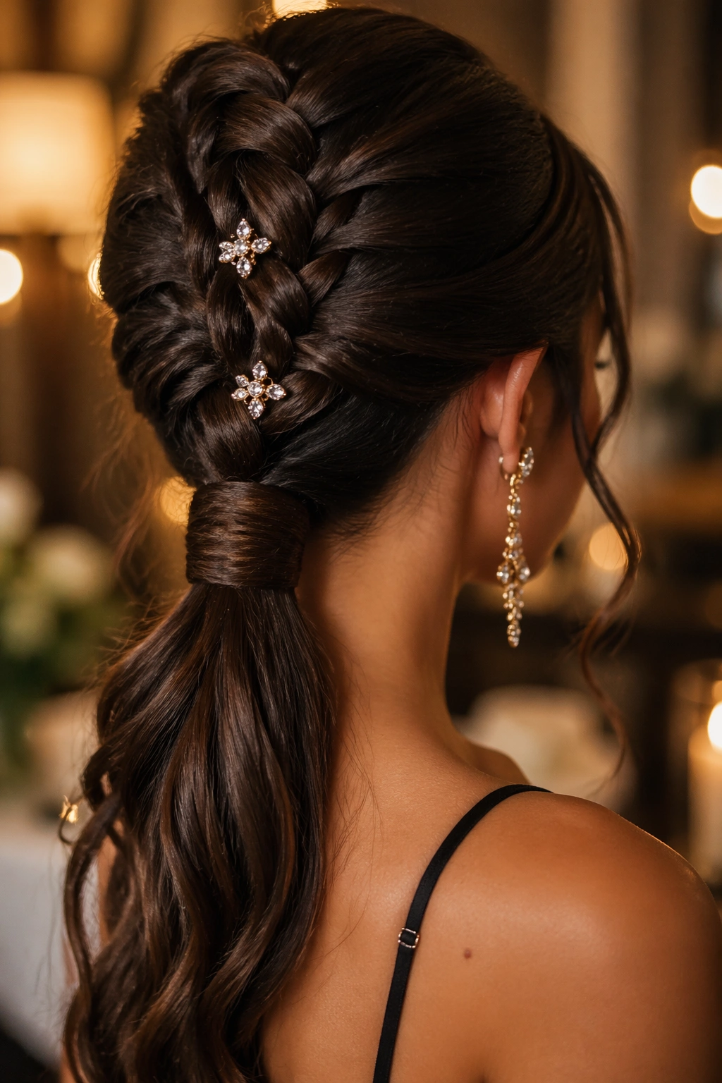 Close-up of wrapped-base butterfly braid ponytail with jewel clips on a real woman in warm dinner lighting