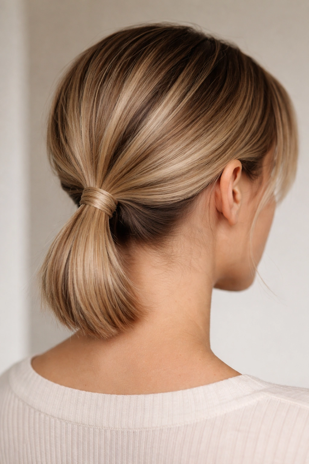 Low ponytail with wrapped base hiding the elastic for a neat finish