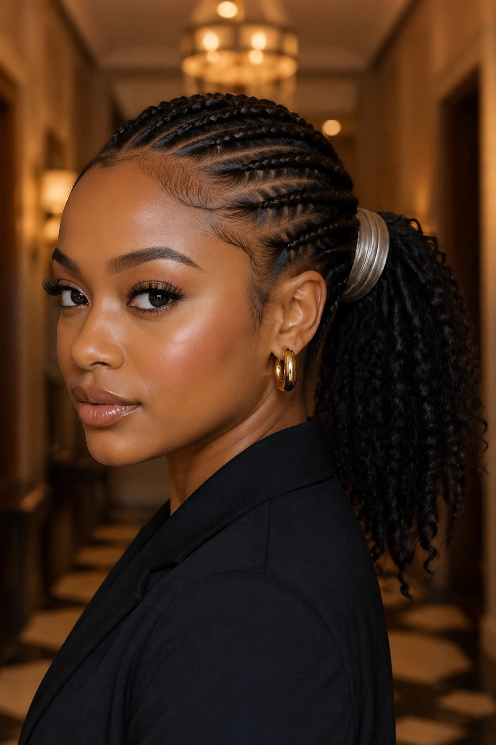 Close-up of a real Black woman with satin scarf-wrapped mid ponytail
