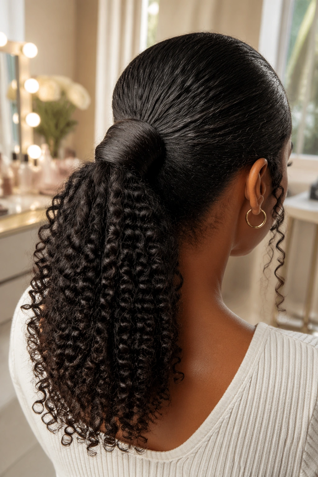 Back-of-head view of a real woman with a wrapped-base ponytail