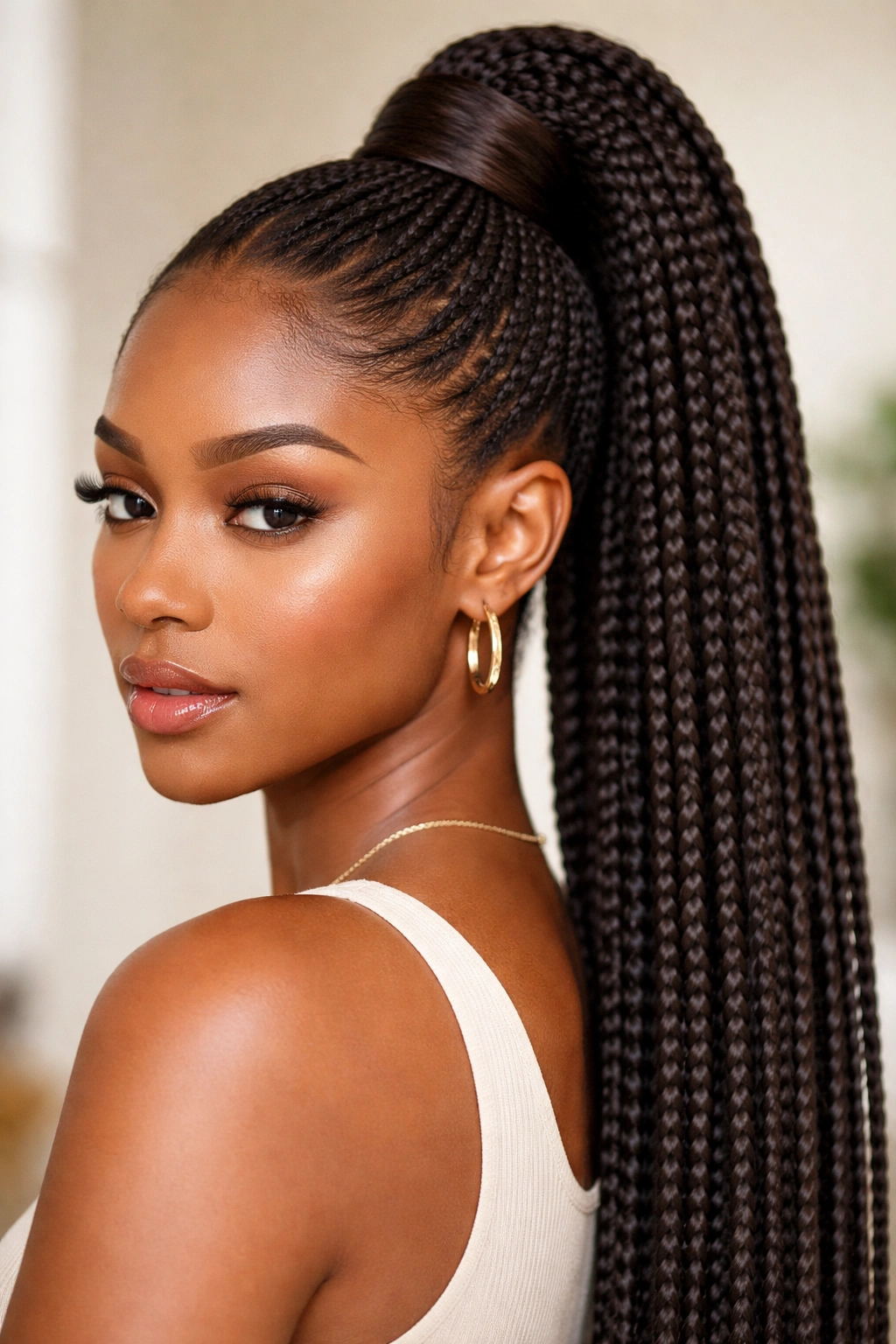 Ponytail with wrapped base concealing the hair tie