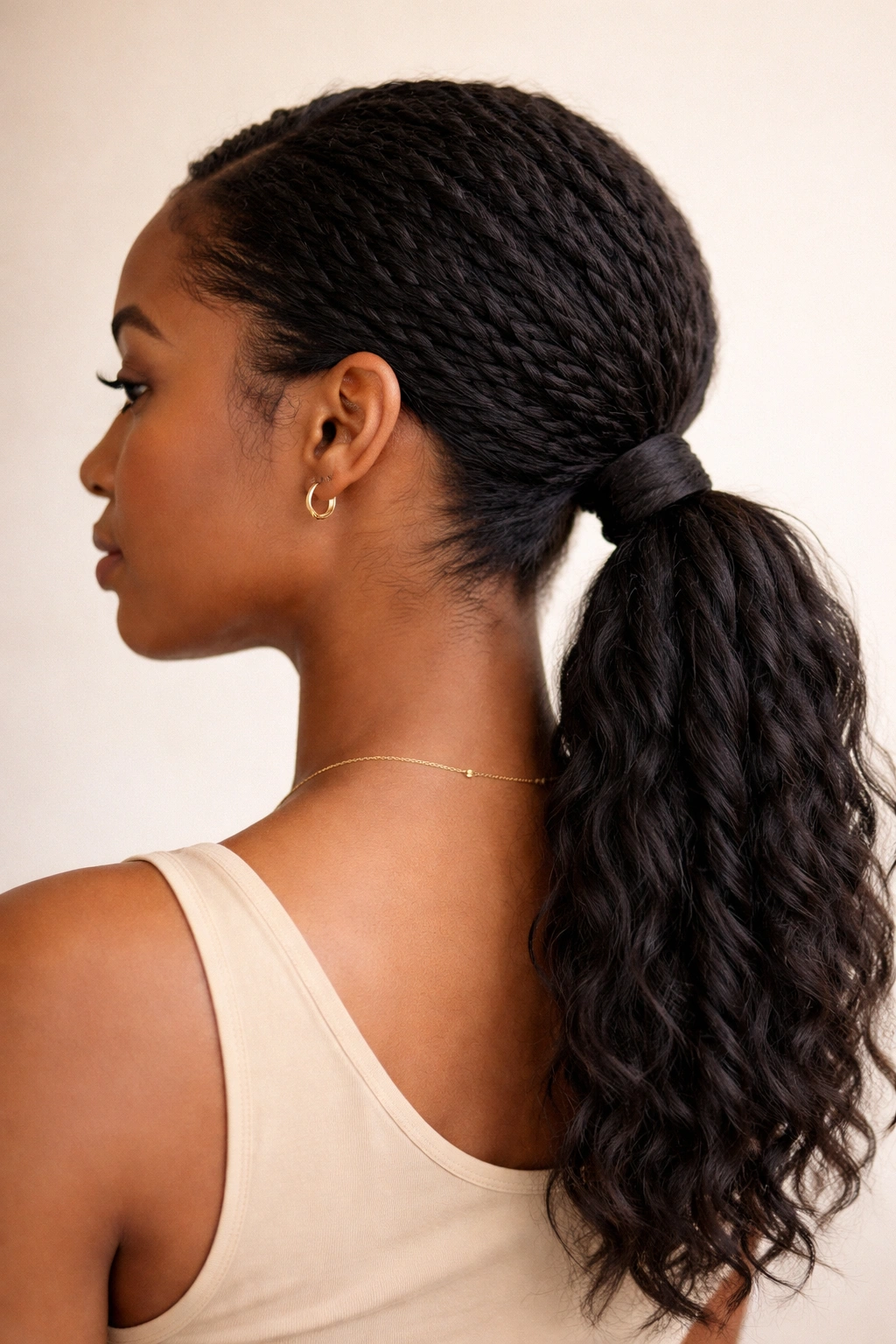 Side view of a twisted low ponytail with a wrapped base around the elastic