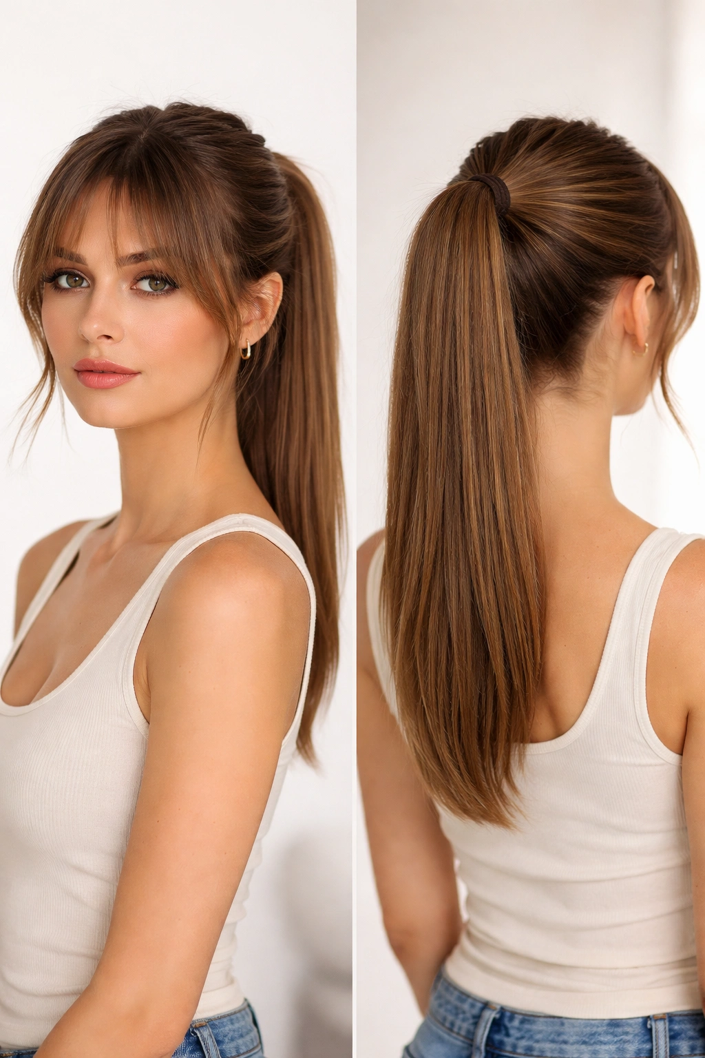 Wrapped-base ponytail with a hair wrap at the elastic and straight ends