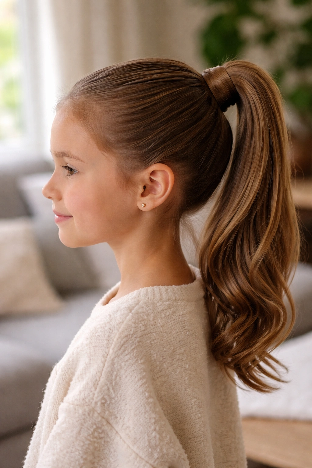 Side profile of wrapped-base high ponytail on child