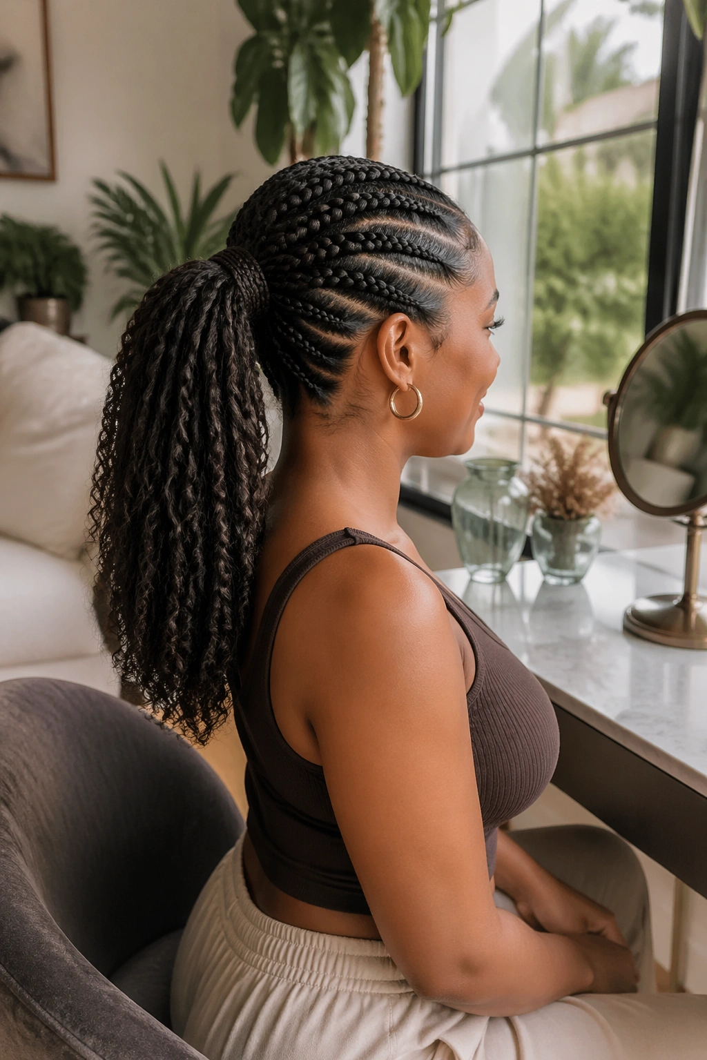 Wrapped base stitch braid ponytail with hidden elastic visible.