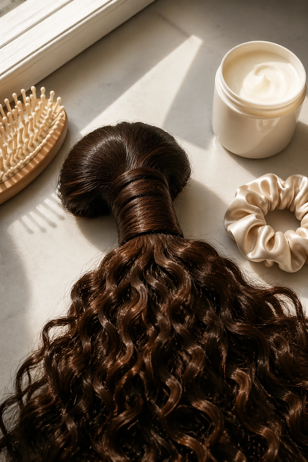 Overhead flat-lay of curly ponytail with wrapped base and accessories.