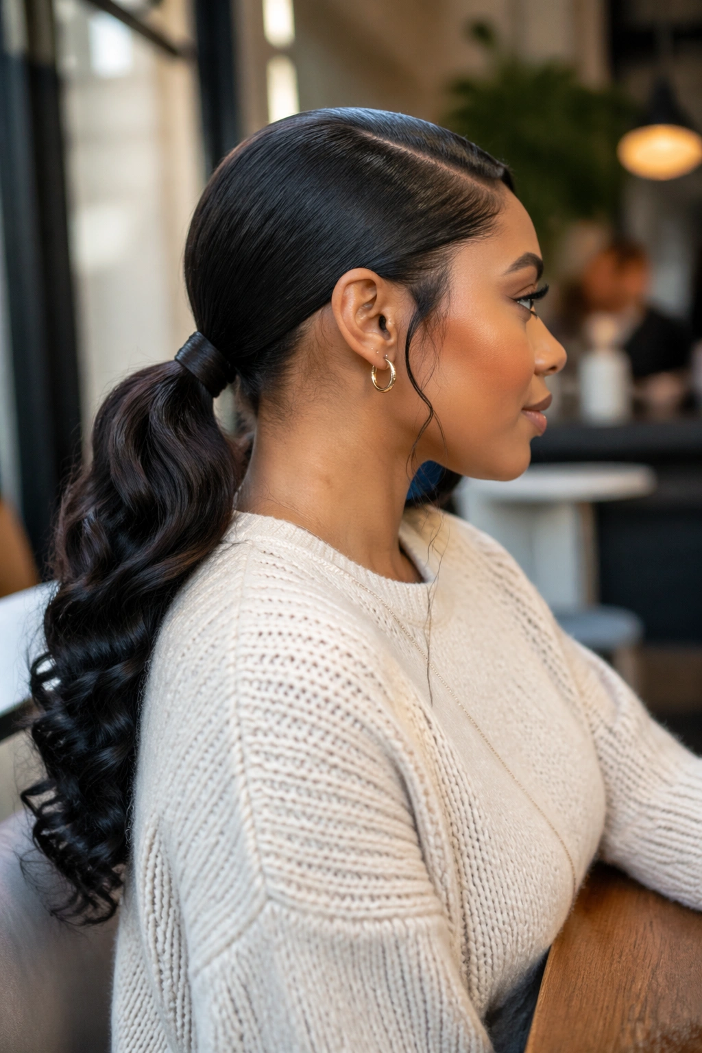 Wrapped-base low side part ponytail viewed from the side in cafe.