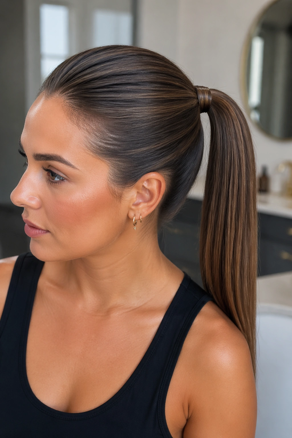 Close-up of a real woman with a wrapped-base ponytail