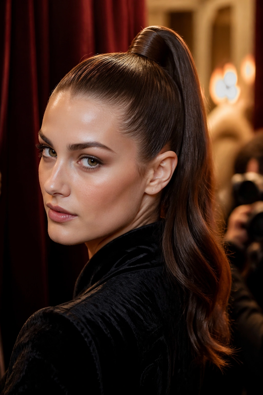 Close-up portrait of a real woman with wrapped-base high ponytail concealing the elastic