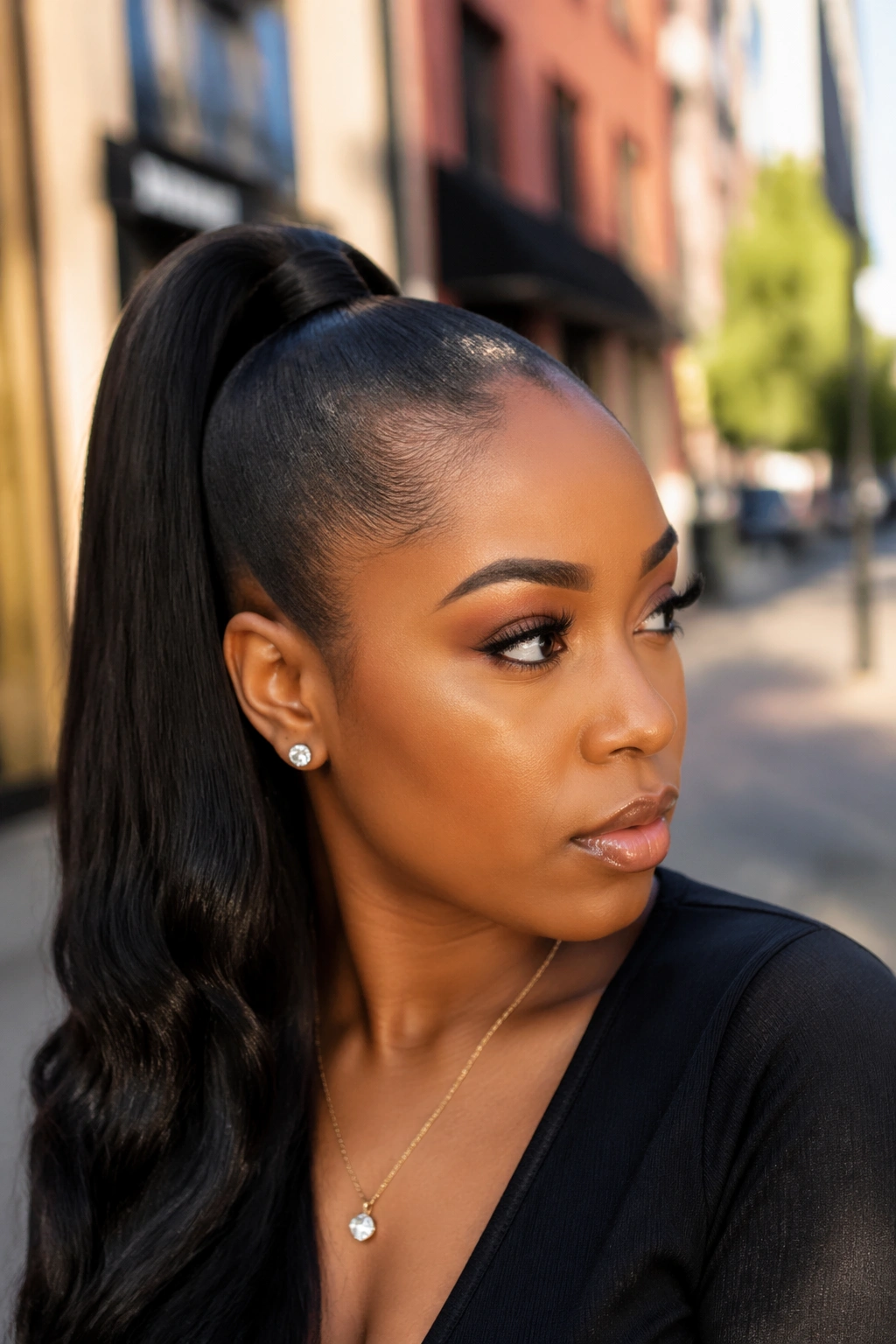 Close-up of wrapped base ponytail on real woman with seamless ponytail attachment