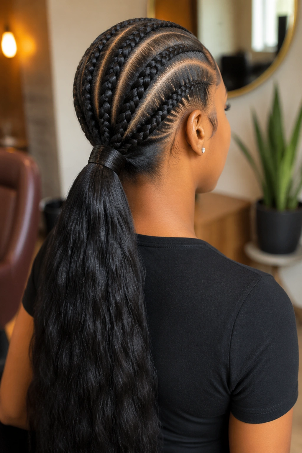 Back of head portrait of a real woman with a wrapped-base feed-in ponytail.