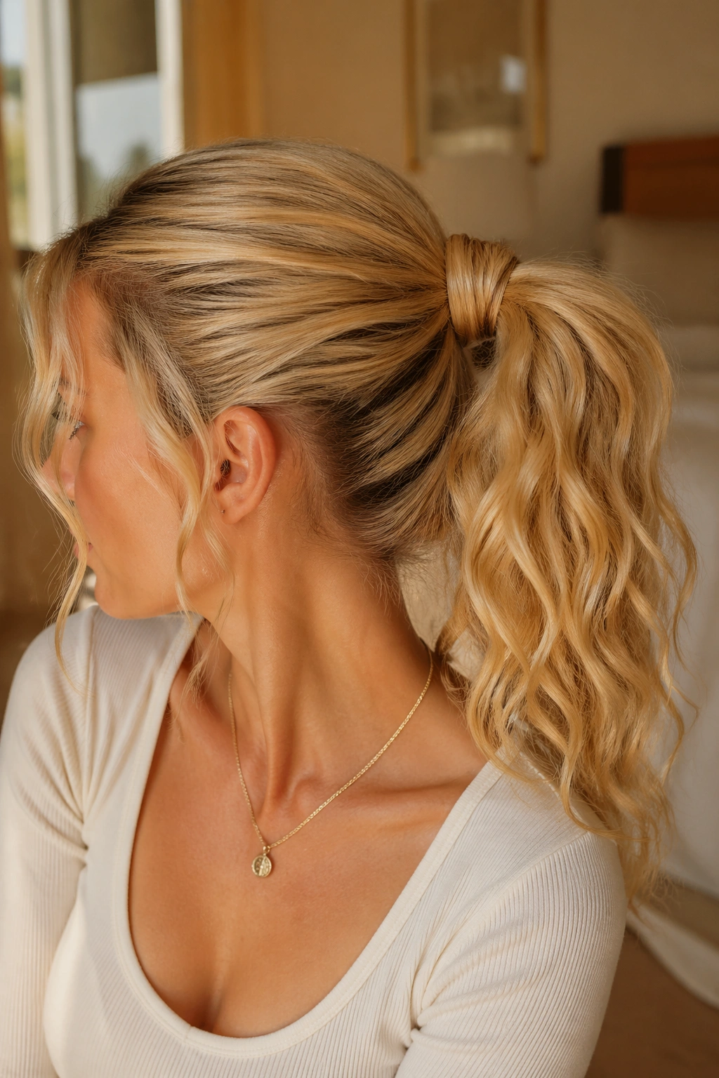 Close-up of a real woman with a wrapped-base blonde ponytail around the elastic
