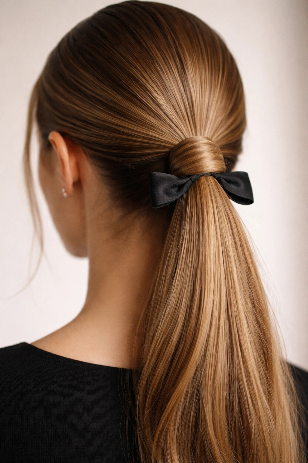 Wrapped-base ponytail with bow tucked under wrap
