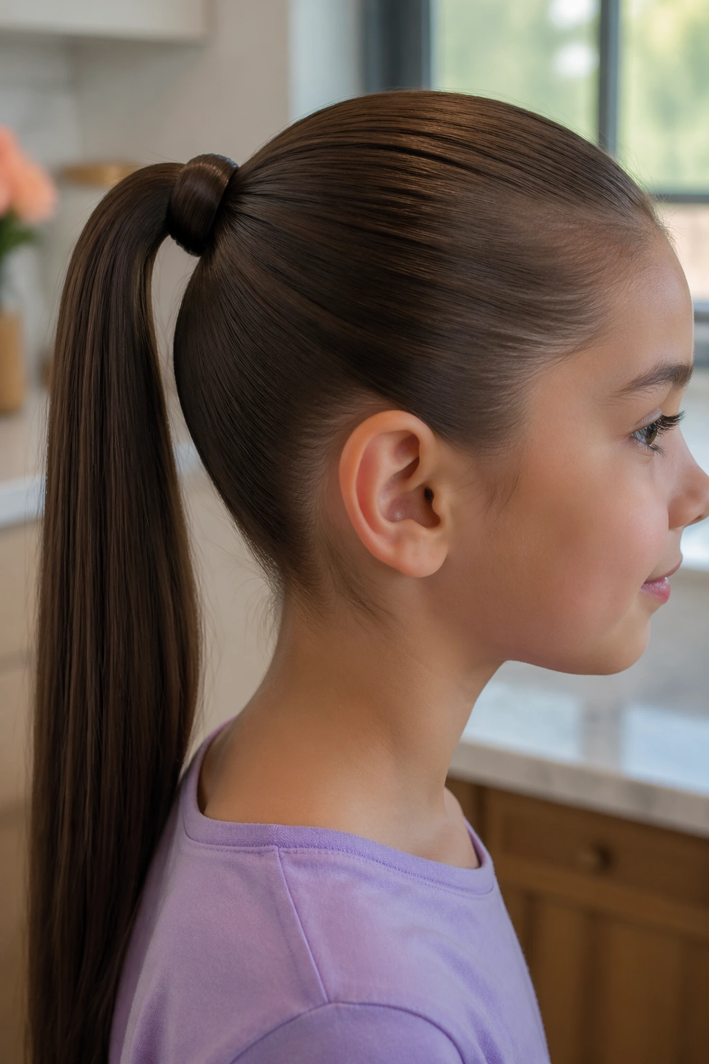 Profile view of a child with a wrapped-base sleek ponytail