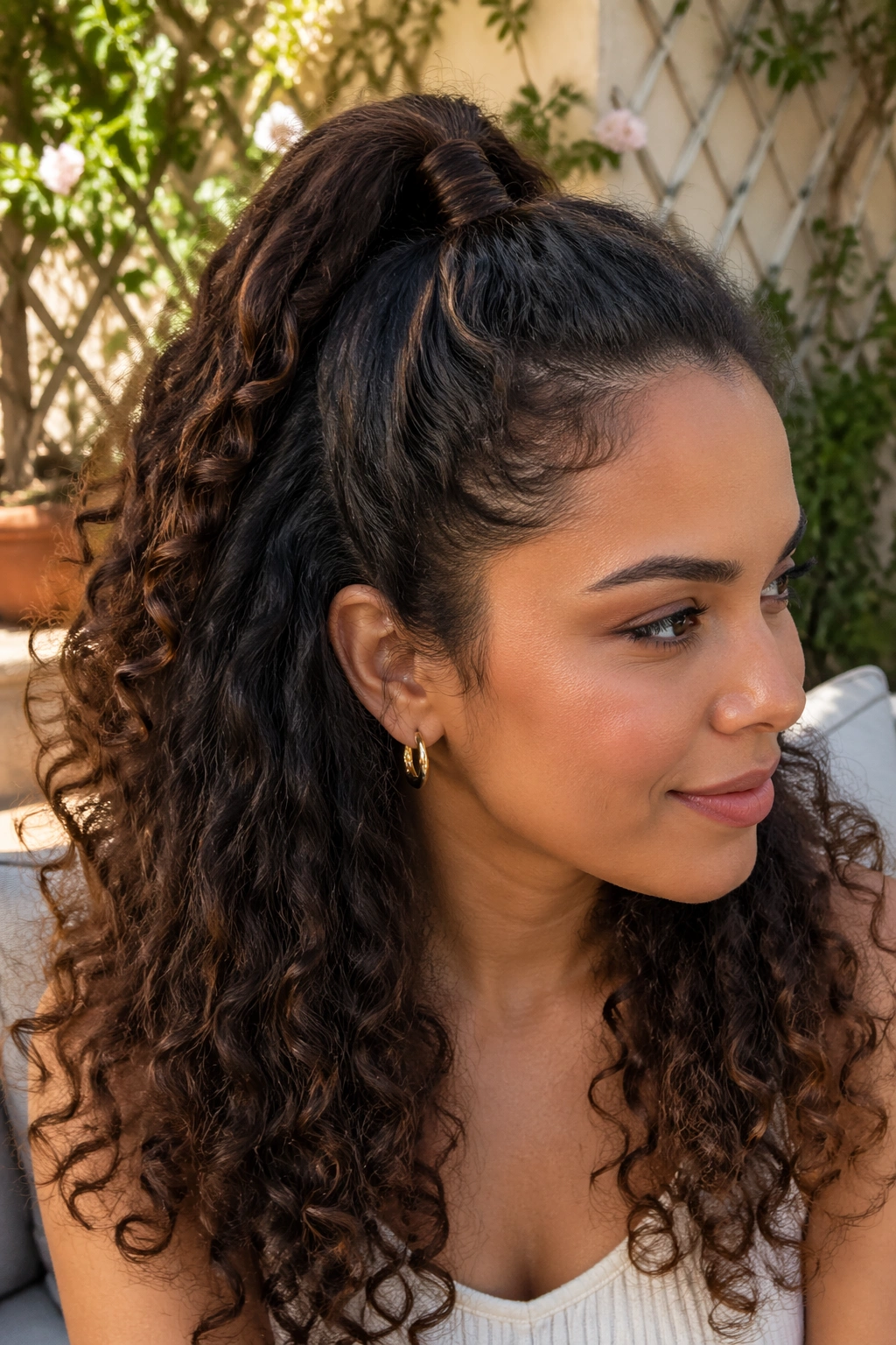 Close-up of a real woman's wrapped-base half ponytail with hidden elastic