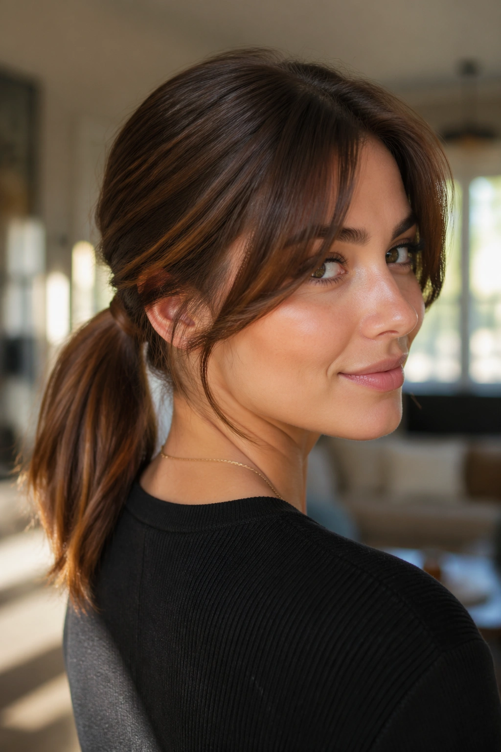 Close-up of a real woman with a wrapped-base ponytail hiding the elastic and curtain bangs.