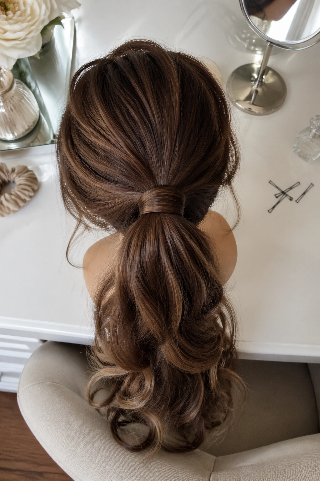 Overhead flat-lay of wrapped-base glam ponytail on mannequin.