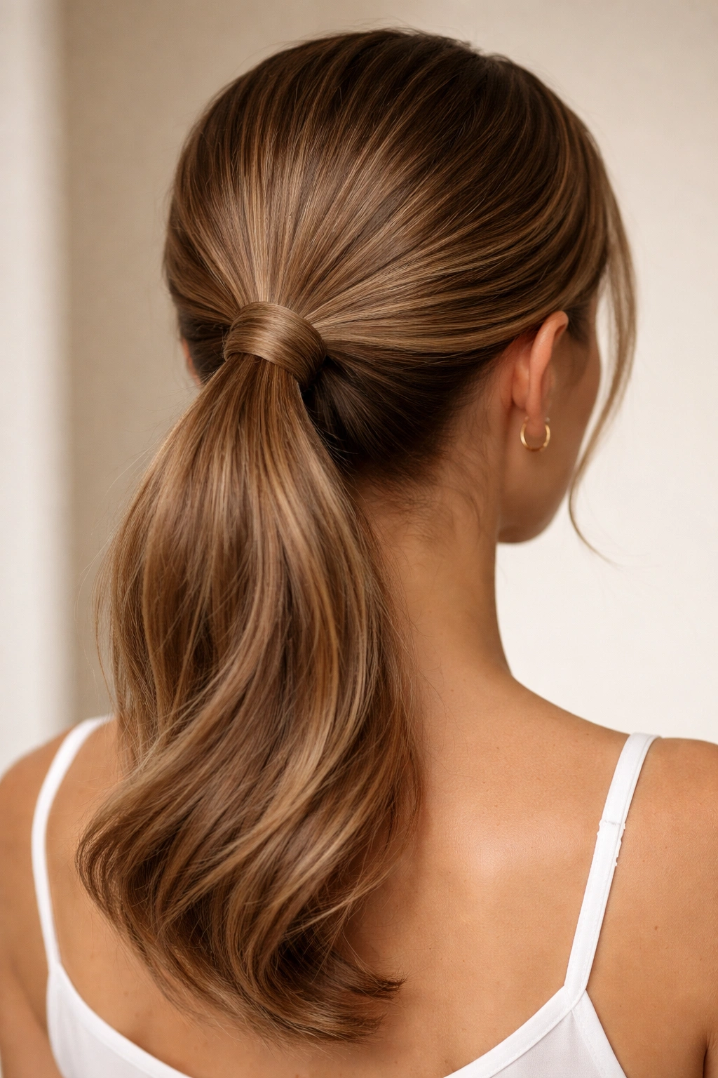 Back view of mid ponytail with wrapped base hiding the elastic