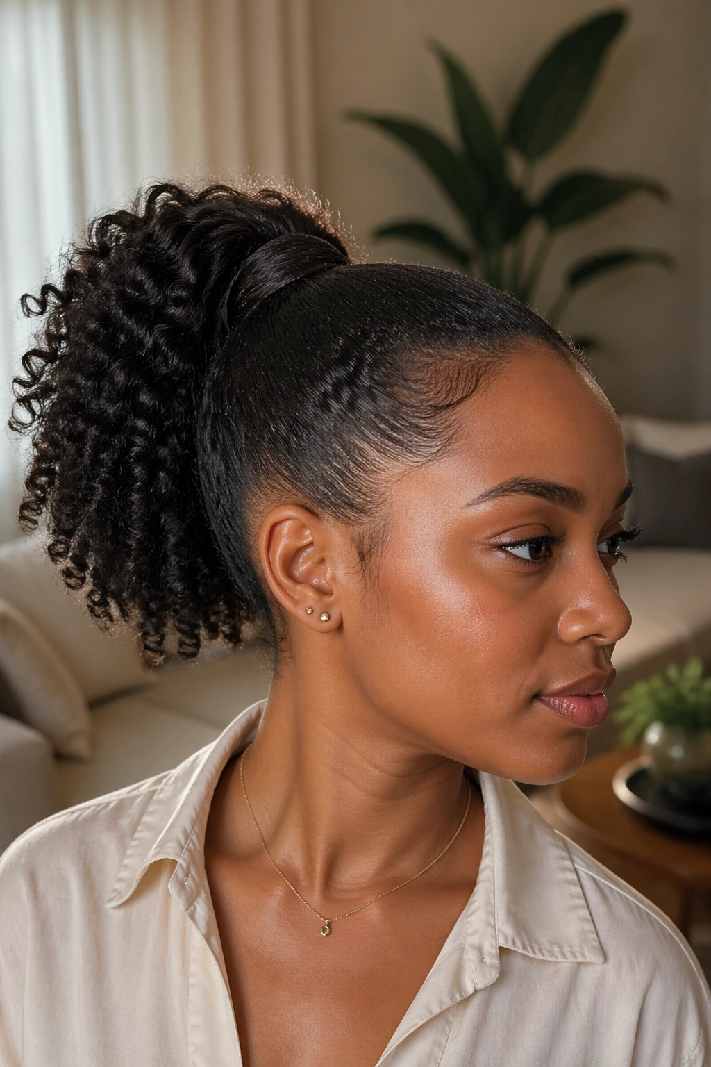 Real woman with wrapped-base ponytail, neat hair wrap hides elastic in warm living room light