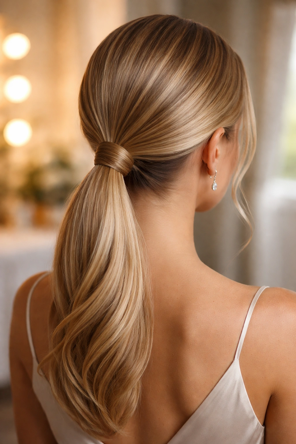 Back view close-up of wrapped-base low ponytail on a real person