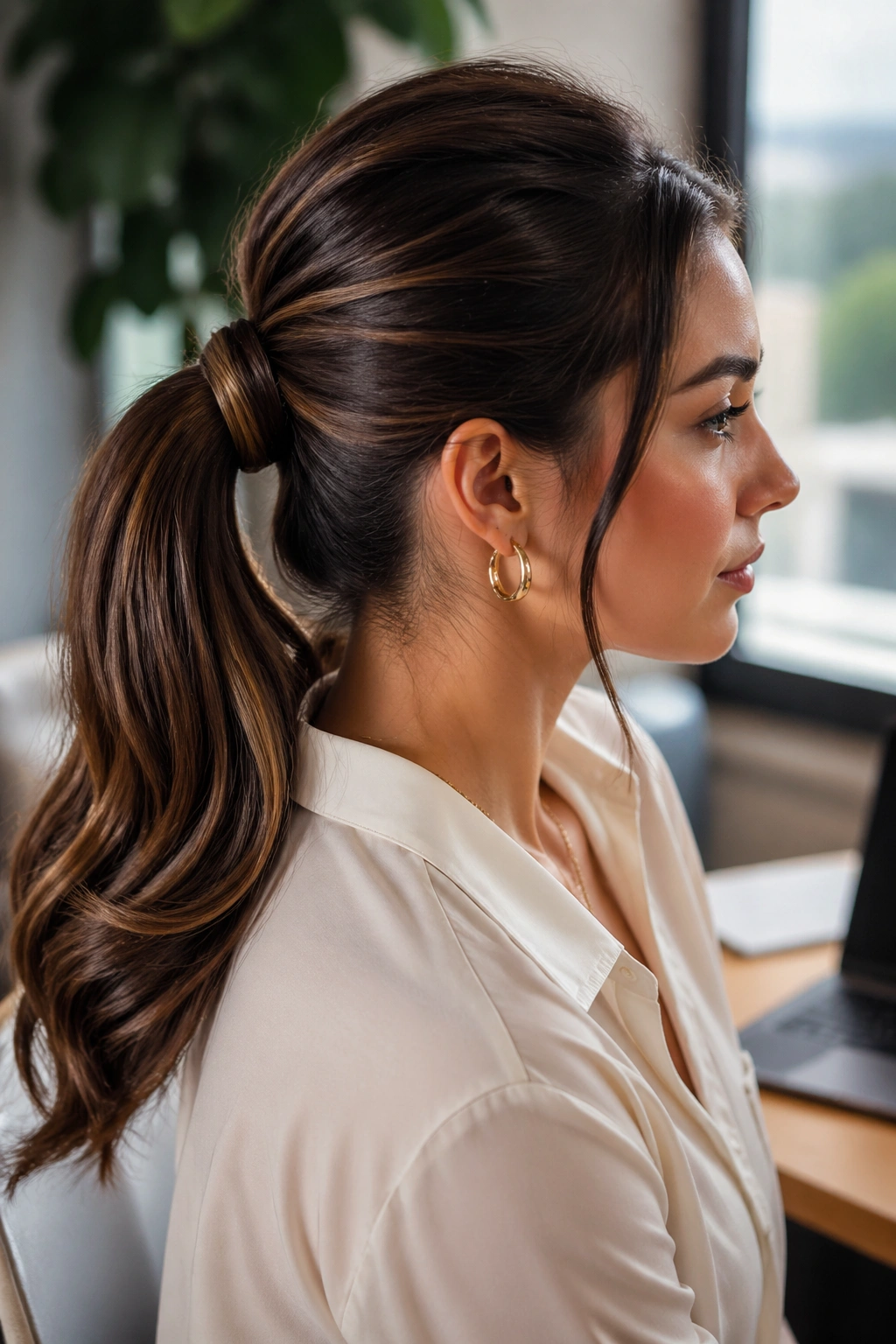 Close-up portrait of a real woman with a wrapped-base ponytail and hidden wrap.