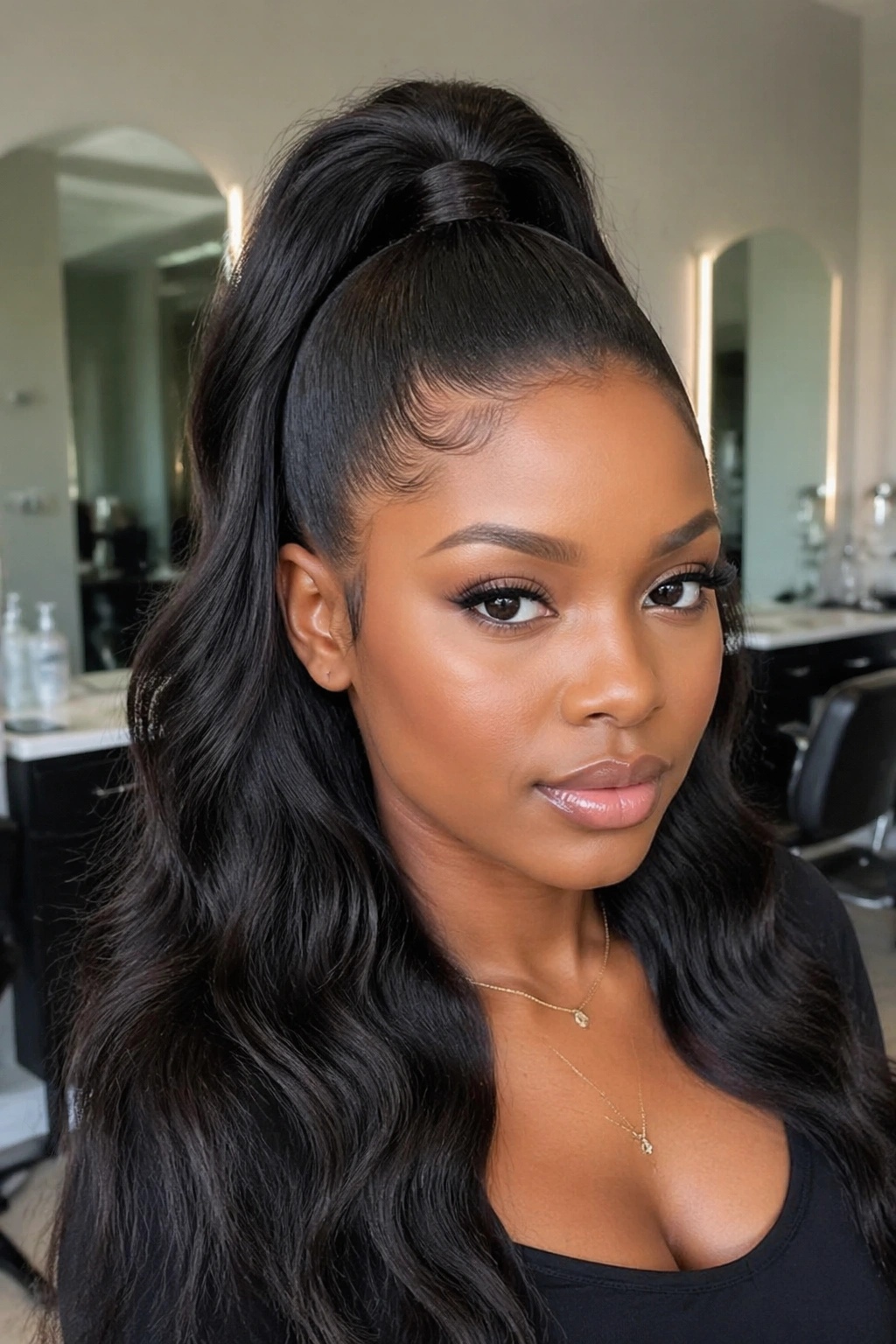 Real person wearing half-up frontal ponytail with a wrapped mid-height base