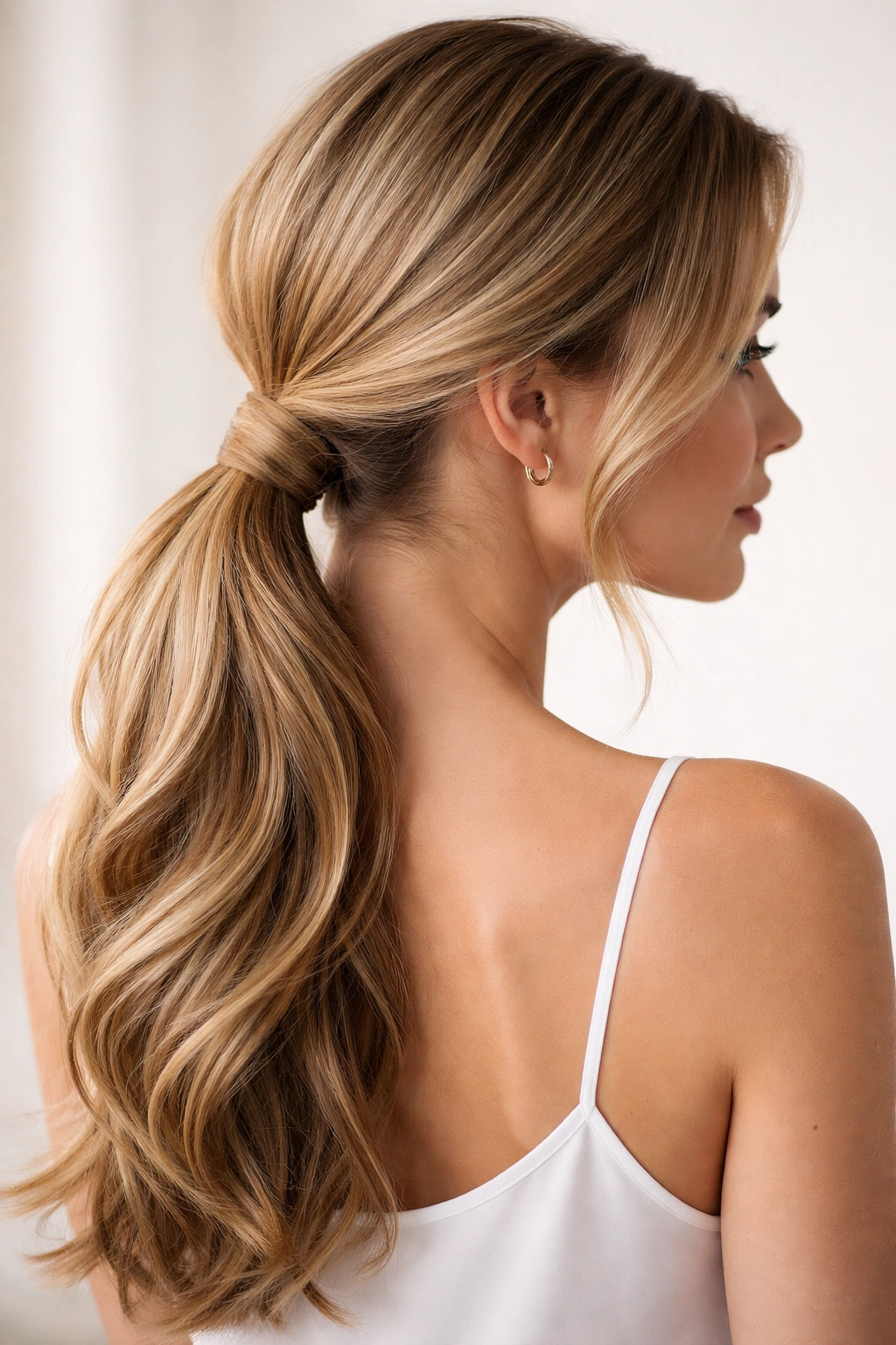 Side ponytail with wrapped base hiding the elastic