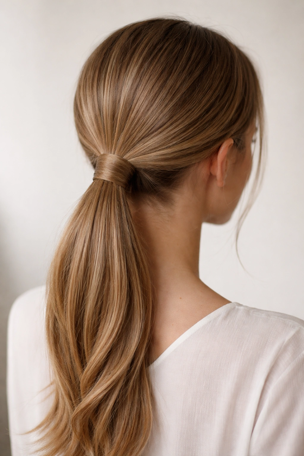 Wrapped-base low ponytail with hair wrapped around elastic at base