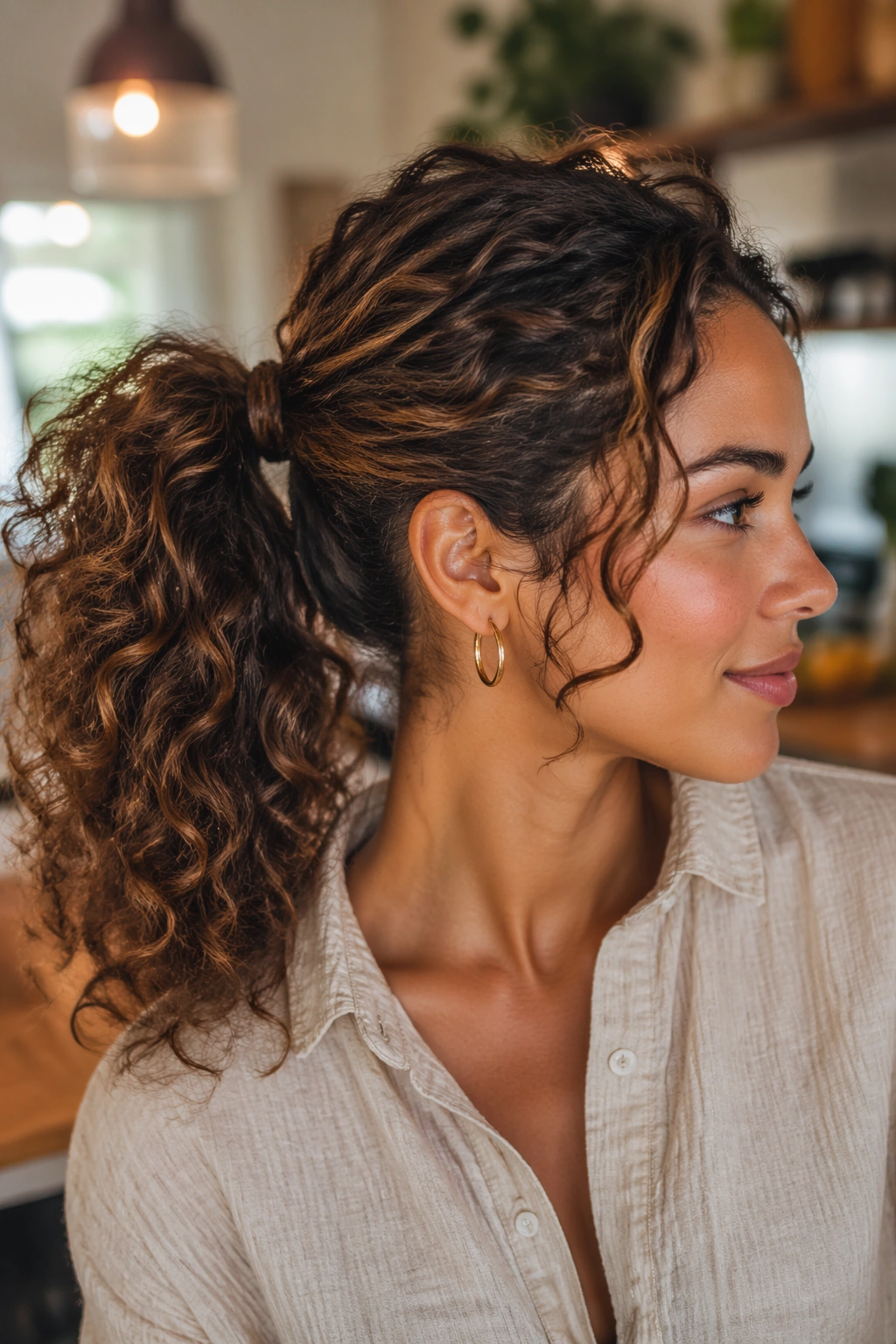 Close-up portrait of a real woman with a wrapped-base ponytail