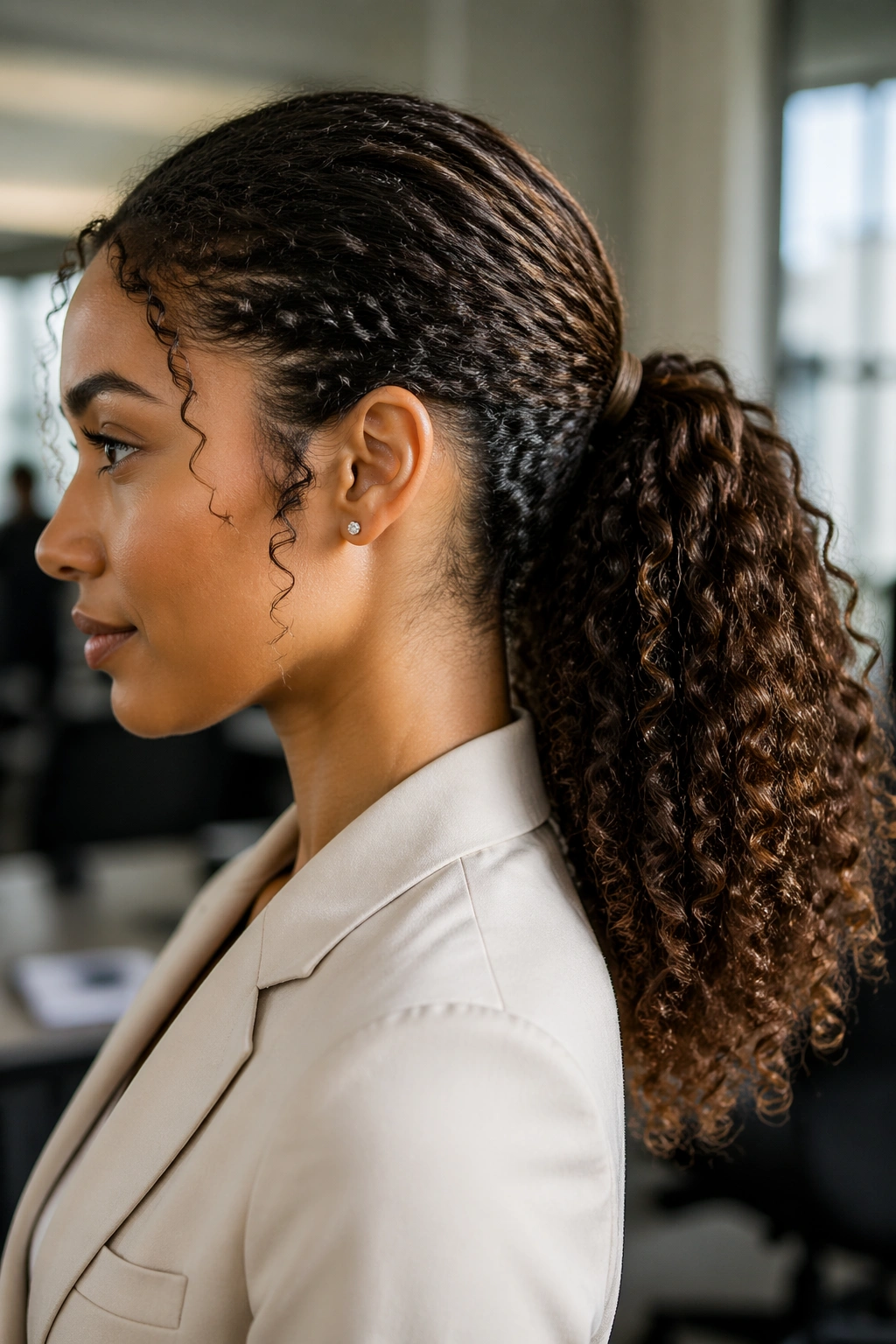 Close-up of a real woman with a wrapped-base ponytail concealing the elastic
