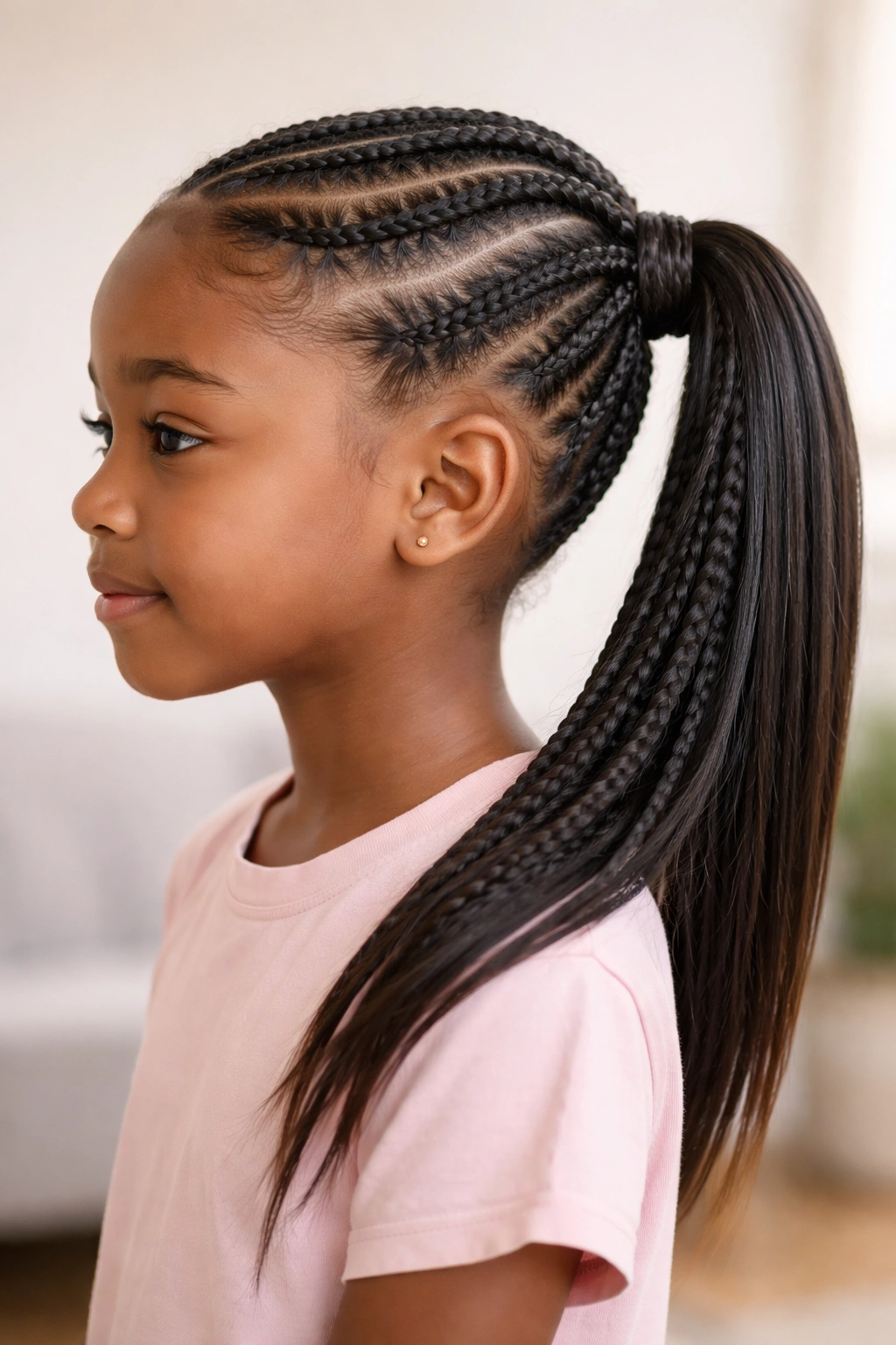 Side view of a child's ponytail with a wrapped base around the elastic